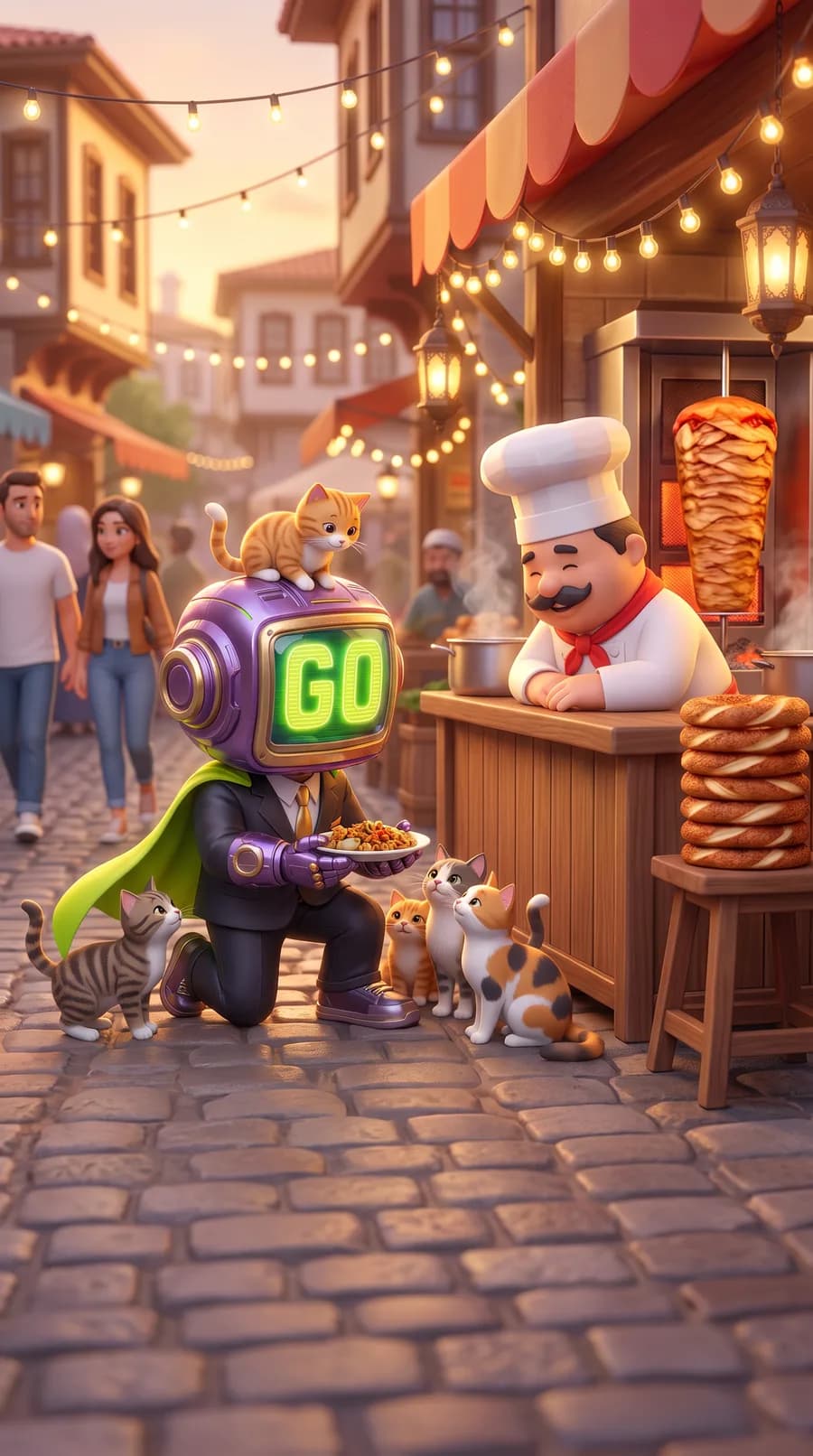GoBot feeds a group of street cats, one cat sitting on his TV head, while the chef smiles