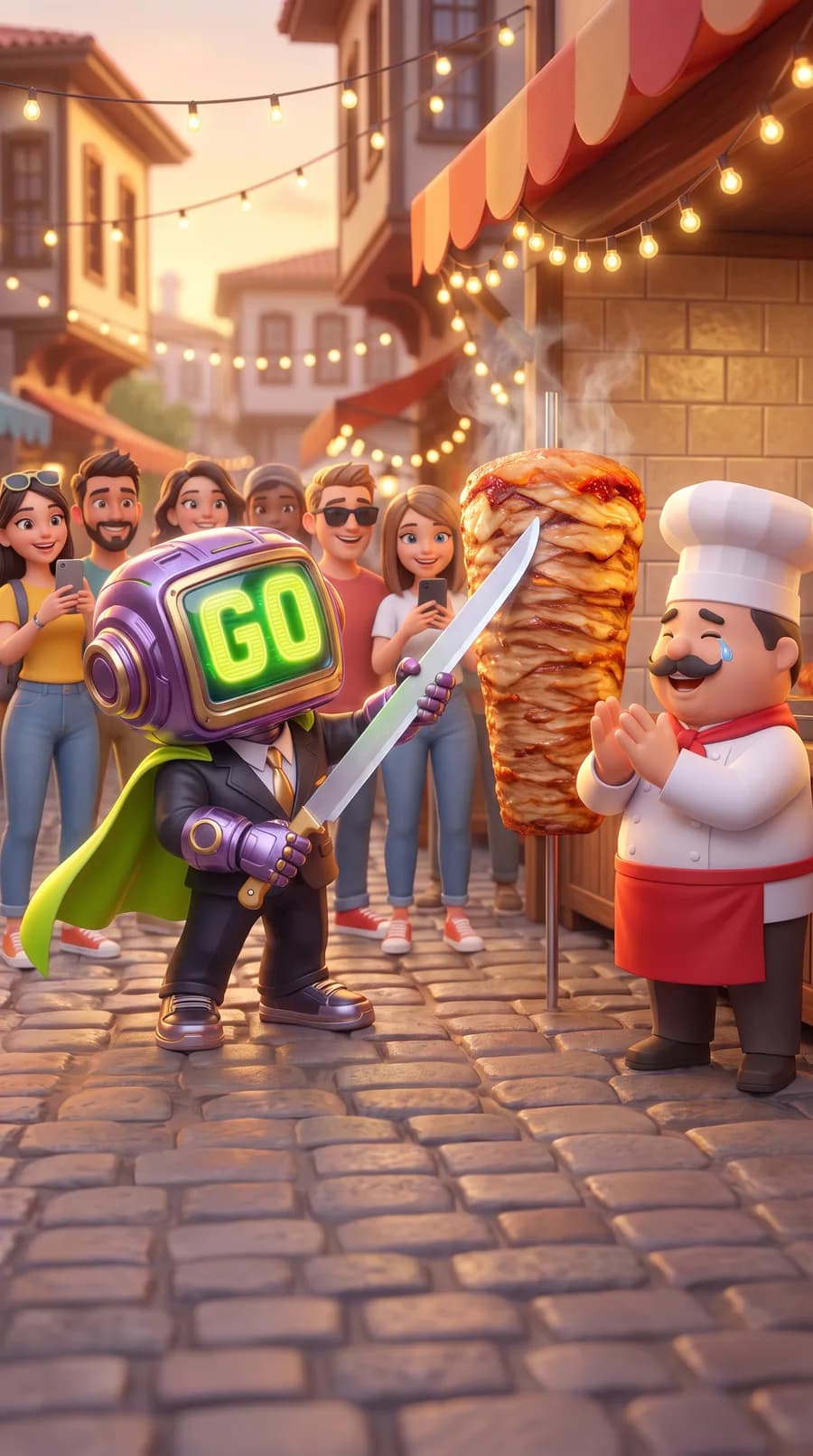 GoBot slices a giant döner spit while the chef applauds with a proud tear