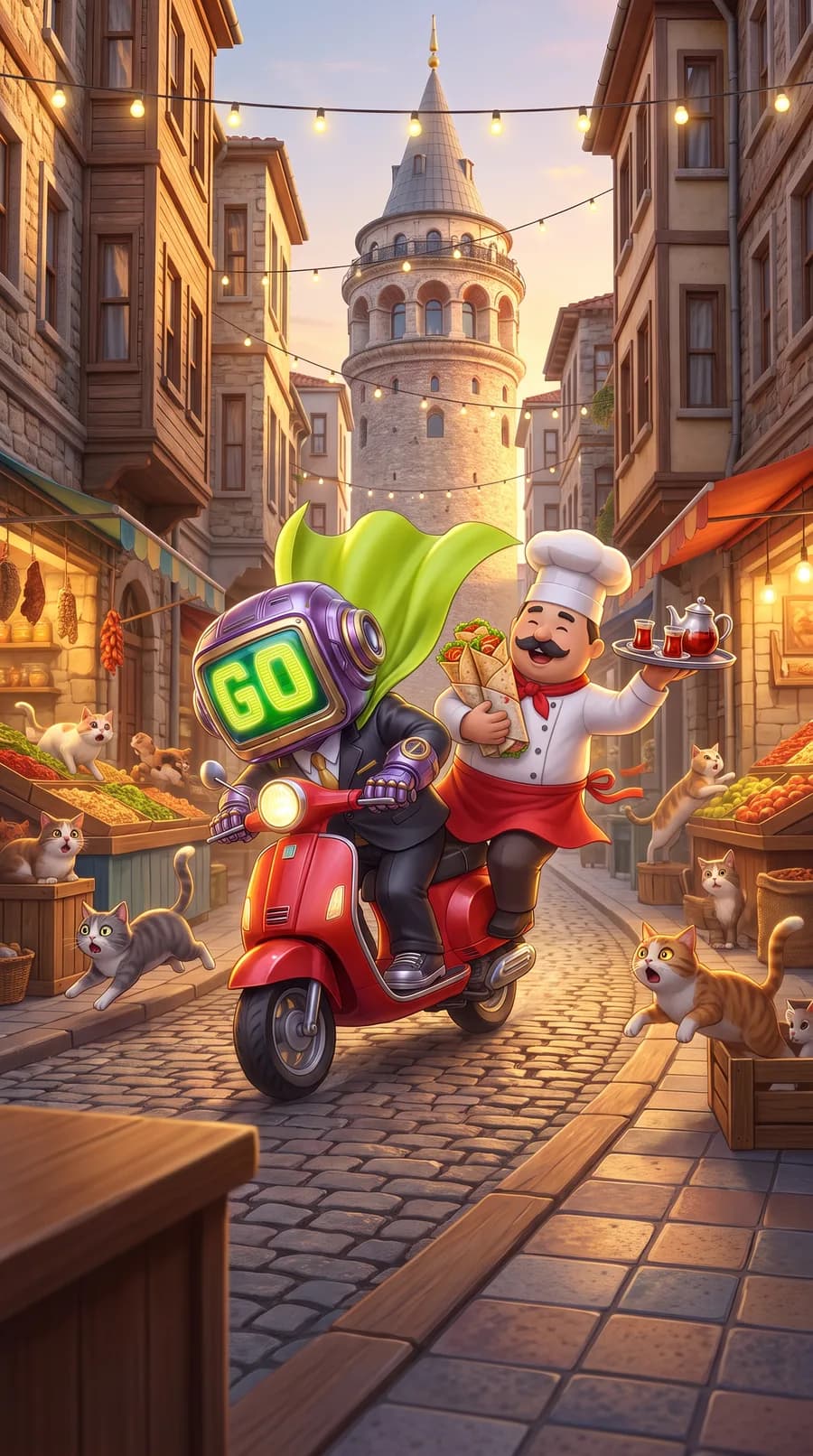 GoBot rides a delivery moped through an Istanbul street with the chef on the back holding wraps and tea