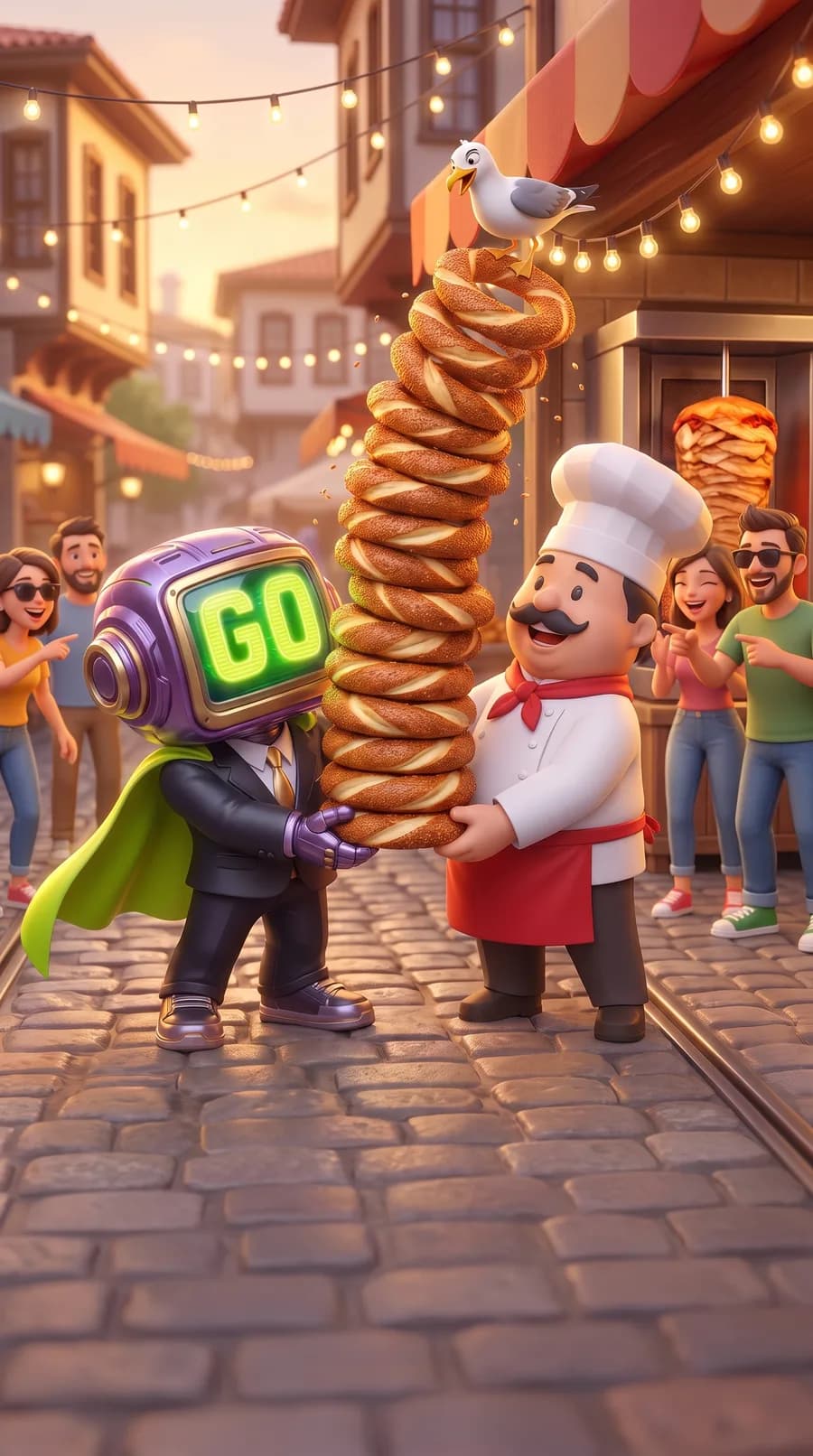 GoBot and the chef carry a wobbling tower of simit while a seagull eyes the top one