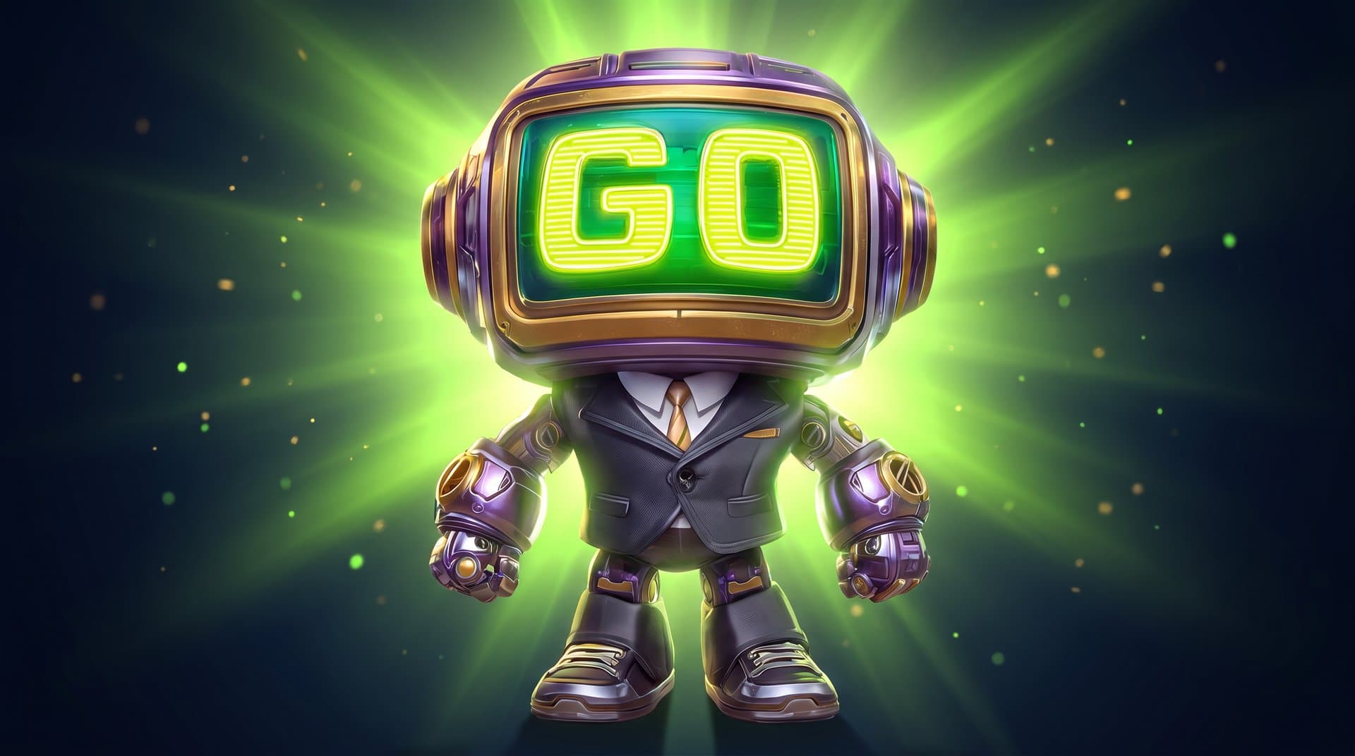 GoBot, the GOGOGO mascot — purple helmet and a brass-framed CRT face glowing a green GO