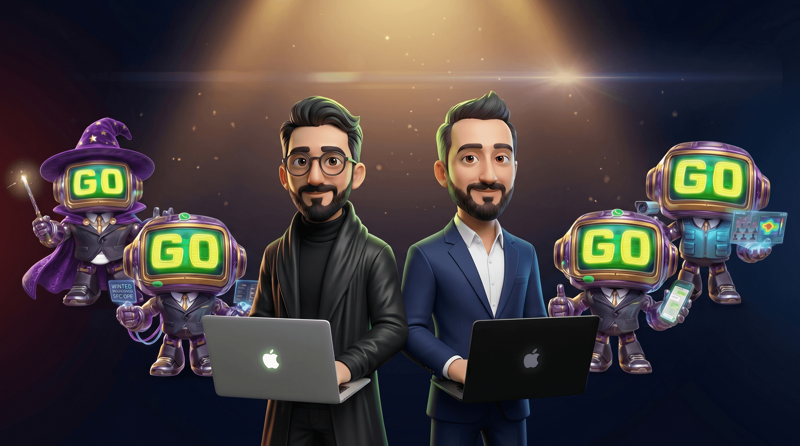 Cinematic mascot illustration of Atakan and Okan Özalan flanked by the GOGOGO GoBot agents