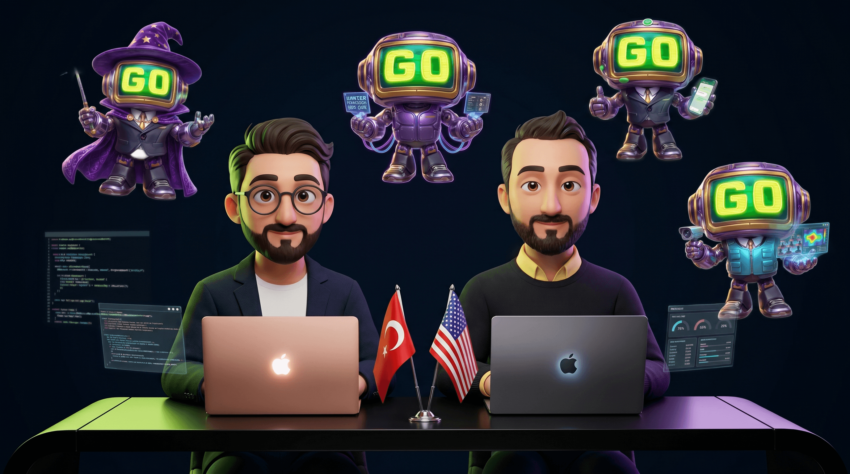 Atakan and Okan Özalan at the GOGOGO command desk with the entire GoBot mascot family floating behind them